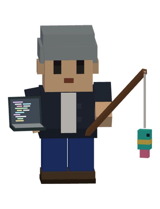 代表取締役のボクセルキャラクター(釣り竿とノートPCを持つ=遊びとビジネスの両立)