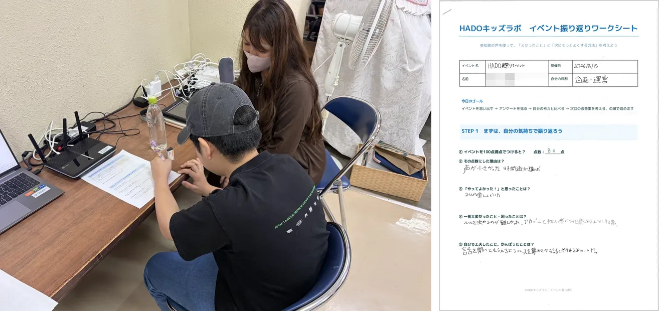 振り返り授業でワークシートに記入する様子(左)と、記入した振り返りワークシート(右)