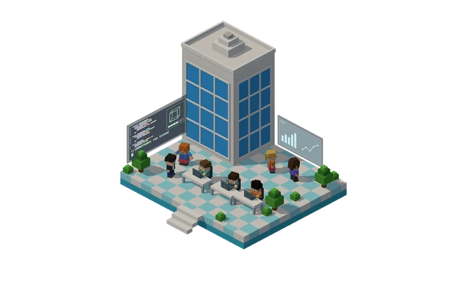 企業の課題解決のボクセルイラスト（オフィスビルとシステム開発）